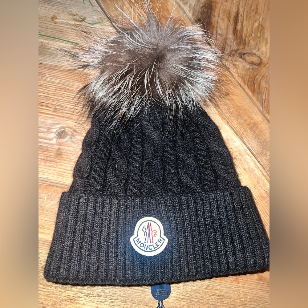 BRAND NEW Moncler Black pom fur hat.  Child size or very small adult head